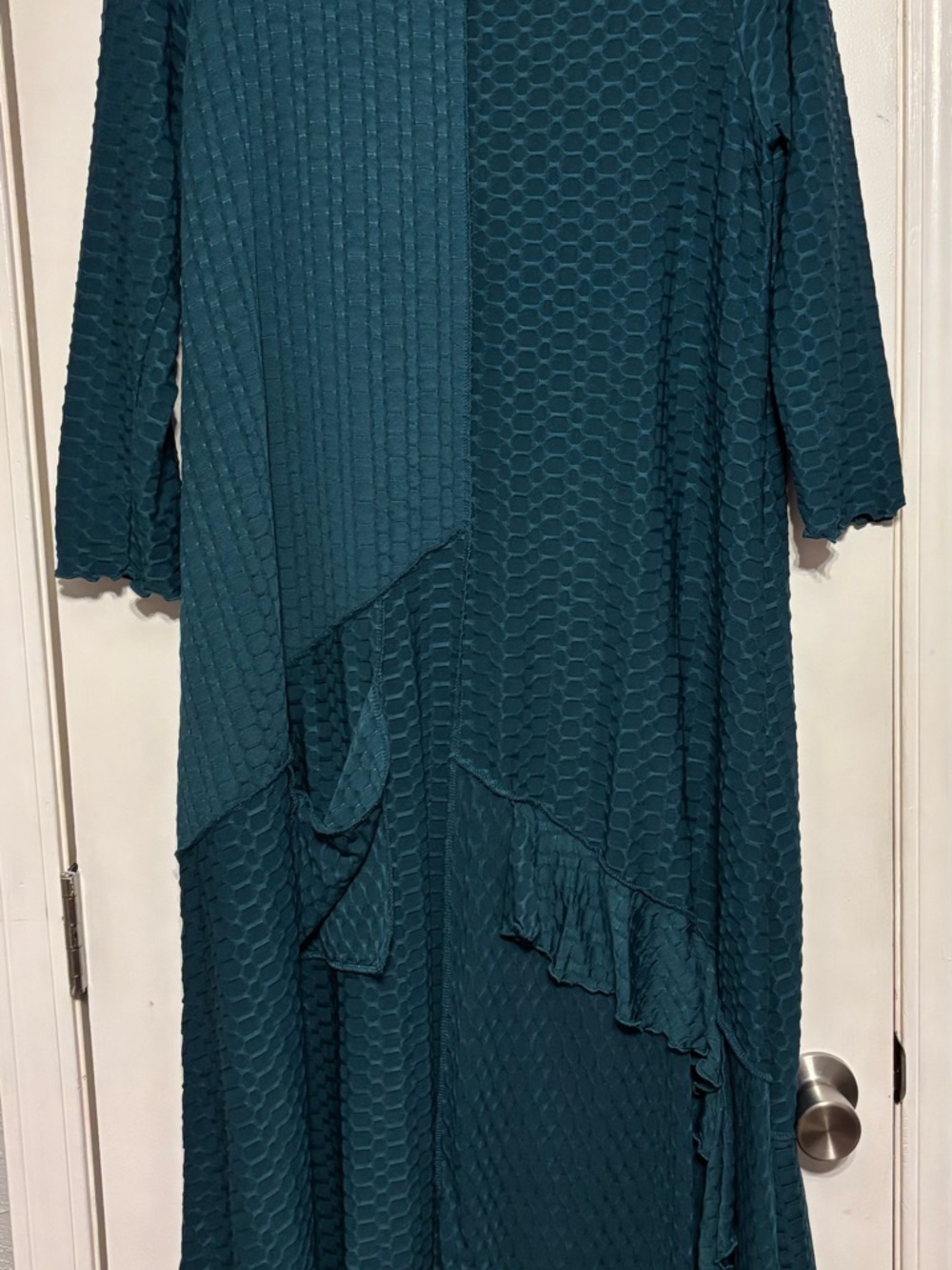 Teal Textured Long-Sleeve Maxi Dress with Ruffle Detail